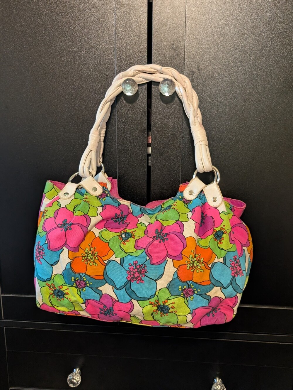 LULU Floral Canvas Shoulder Bag with Braided White Handles - Vibrant Multicolor.